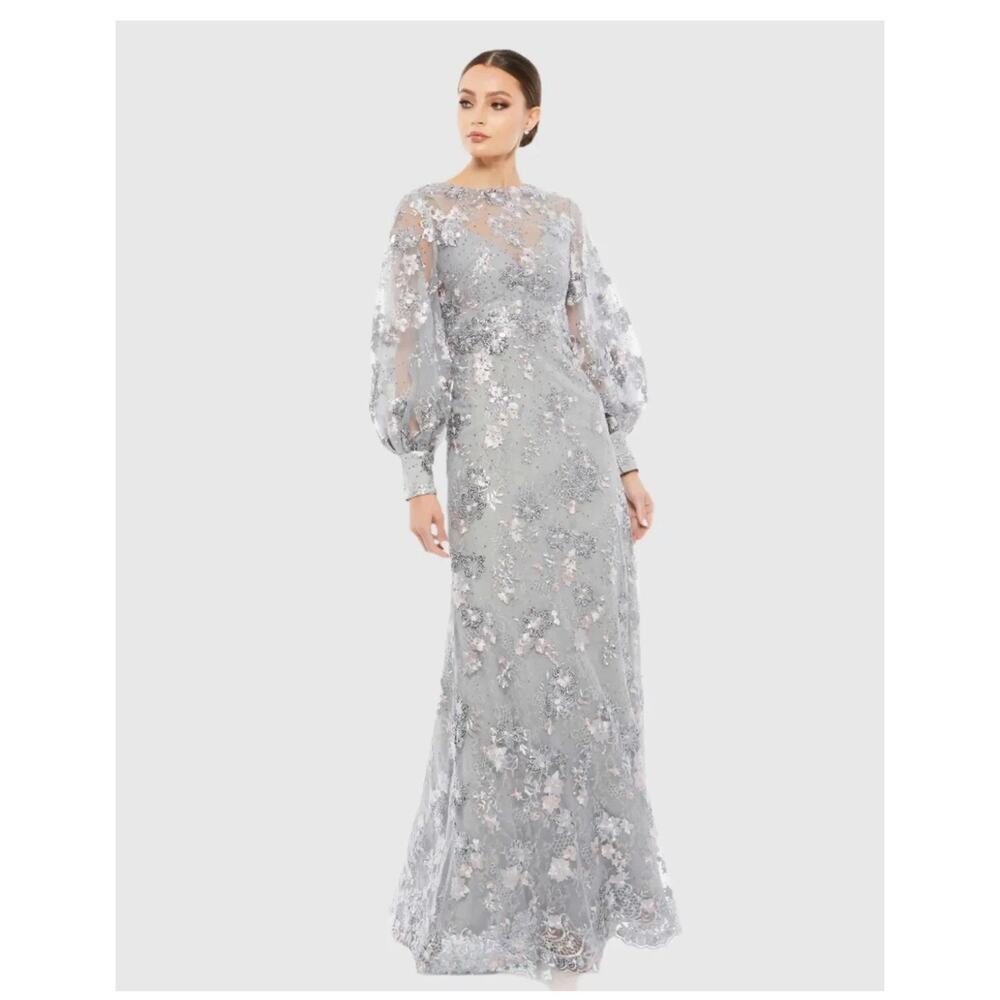 Mac Duggal $798 67936 Embellished Illusion High Neck Bishop Sleeve Gown Sz 8 NWT